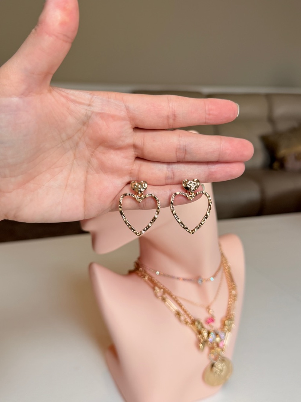 Gold Heart Drop Earrings - Picture 8 of 10